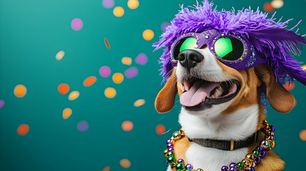 Playful Beagle Dog In Festive Costume With Beads And Party Accessories
