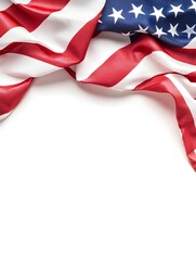 Draped American flag on white background, leaving central space