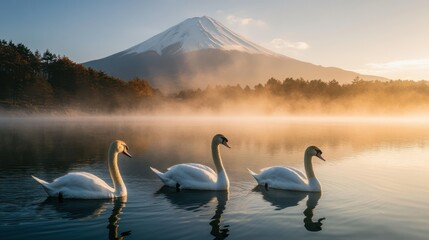 Fototapeta premium Swans glide peacefully on lake waters with Mount Fuji backdrop misty setting evoking tranquility serenity.