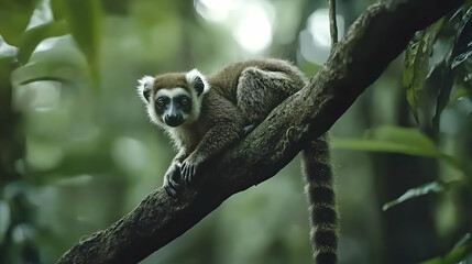 Fototapeta premium Lemur Sitting On A Tree Branch In A Lush Green Rainforest With Sunlight Streaming Through