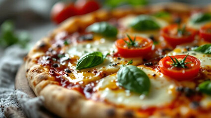 Italian pizza with tomatoes, mozzarella cheese and fresh basil. Close up. 