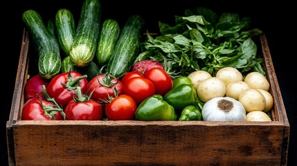 Rustic Wooden Crate of Fresh Vegetables