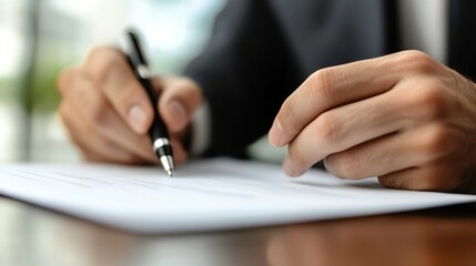 Fototapeta premium Male hand writes on document, demonstrating formal business; agreement process shows commitment, decision, resolution.