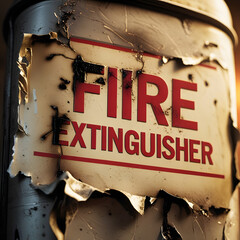 Extinguisher Label Close-up: A close-up of an extinguisher, showcasing the word "FIRE" in bold red font. The label shows signs of wear and tear