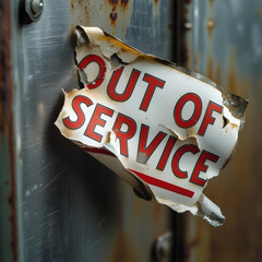 "Out of Service": A poignant image captures a torn and weathered "Out of Service" sign, its message a stark visual of obsolescence and neglect against a textured metallic backdrop.