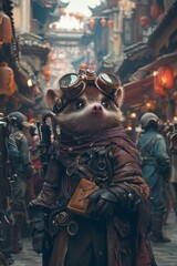 Obraz premium Anthropomorphic Hedgehog in Steampunk Attire Amidst a Bustling Asian Market