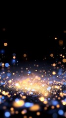 Glimmering gold and blue particles sparkle on a dark background, creating a magical, festive scene