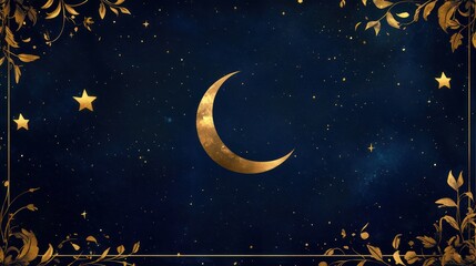 Naklejka premium Crescent moon, stars, night sky, floral border, mystical background, ideal for spiritual content