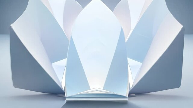 White origami structure transforming into crystal flower on white background