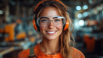 Woman wearing safety glasses and ear protection smiles in a workshop setting.