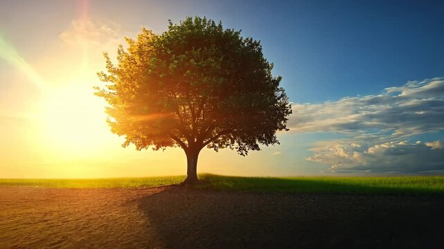 Majestic tree basking in the golden light of the setting sun over greenfield