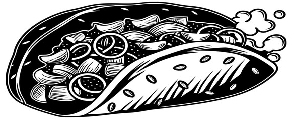 Delicious pasta and vegetables floating on a hot black pan, cut out. Isolated on a transparent background