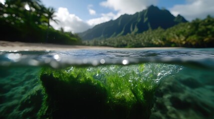 Tropical beach underwater view with vibrant coral reef and lush scenery
