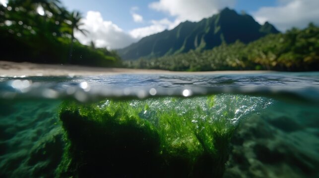Tropical beach underwater view with vibrant coral reef and lush scenery