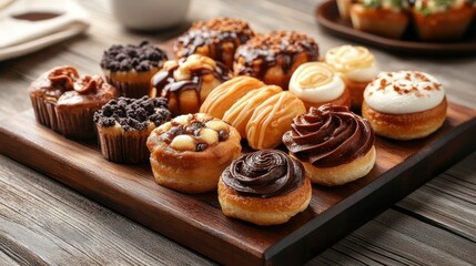 Variety mini cupcakes, decadent chocolate frosting and toppings, sit displayed on serving board.
