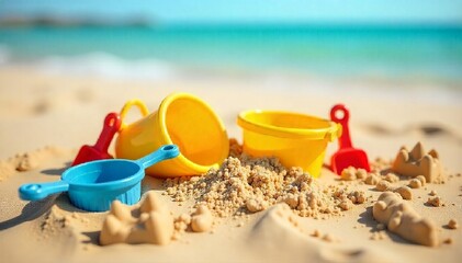 A bucket filled with sand, a shovel and small toy molds against a sunny sky. AI generated.