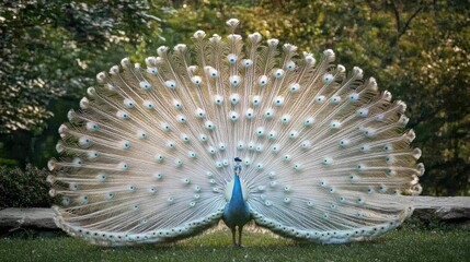 Peacock displays magnificent plumage, revealing iridescent feathers, attracting attention with natural splendor, vibrant colors.