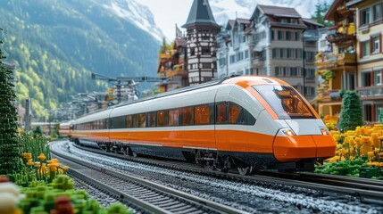 Naklejka premium A modern orange and white passenger train travels through a miniature town and mountain scenery.