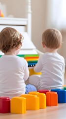 Two toddlers seated back-to-back, playing with colorful blocks near a toy piano