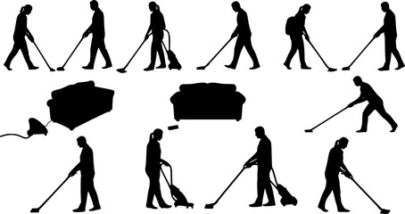 Naklejka premium set silhouette people vacuuming in different angles, vector