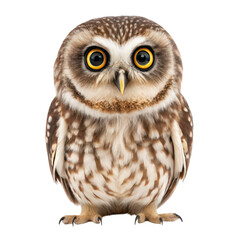 Naklejka premium A detailed depiction of a fluffy, round owl with striking big eyes and a patterned plumage, showcasing its natural beauty and charm.