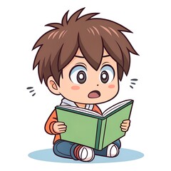 Anime boy reading a book. Wallpaper. Vector illustration of a boy reading a book, manga character, coloring book, kawaii coloring book, scared, shocked look
