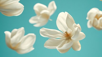 Fototapeta premium Delicate magnolia blossoms float gracefully against a teal backdrop.