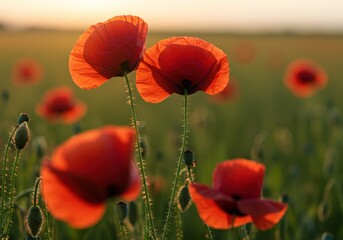 Fototapeta premium Radiant red poppies glow in the warm light of the setting sun, in a serene summer field.