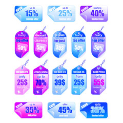 Fifteen distinct and colorful tags designed to promote sales and special offers. Includes various layouts and price reduction indicators.