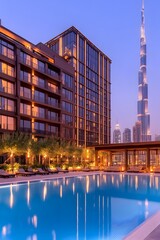 Luxurious urban oasis with a tranquil pool, modern architecture, and a cityscape backdrop at twilight