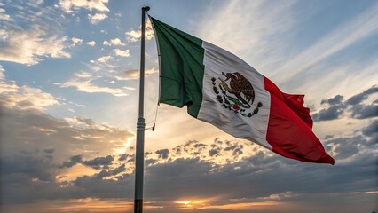 A full view of the Mexico national flag waving proudly atop a flagpole. The flag is fully visible, fluttering dynamically in the wind against a sky with hues of blue, orange, and golden tones