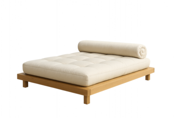 japandi futon bed with rolled mattress on wooden frame isolated on transparent background