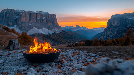 Naklejka premium Bowl of fire glows brightly Mountain valley at sunrise trees and rocks in view Calm scene