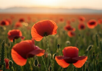 Obraz premium Beautiful field of red poppies at sunset with soft light and a dreamy atmosphere.