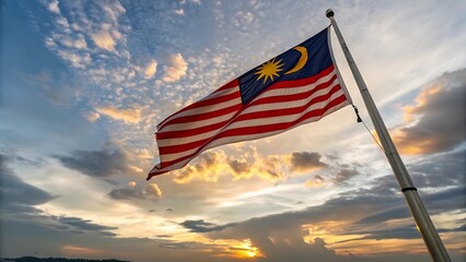 A full view of the Malaysia national flag waving proudly atop a flagpole. The flag is fully visible, fluttering dynamically in the wind against a sky with hues of blue, orange, and golden tones