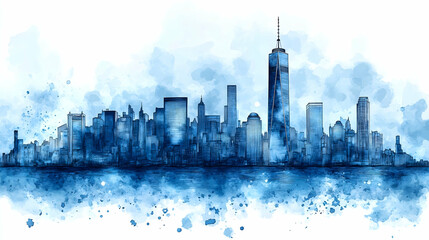 Obraz premium Blue watercolor city skyline Tall buildings water reflection