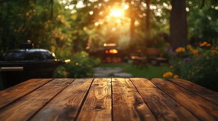 Gardinen Wooden table surface with blurred outdoor background featuring trees and sunlight. © alleb