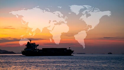 Naklejka premium Industrial Cargo Ship Silhouetted at Sunset with World Map Overlay in Background