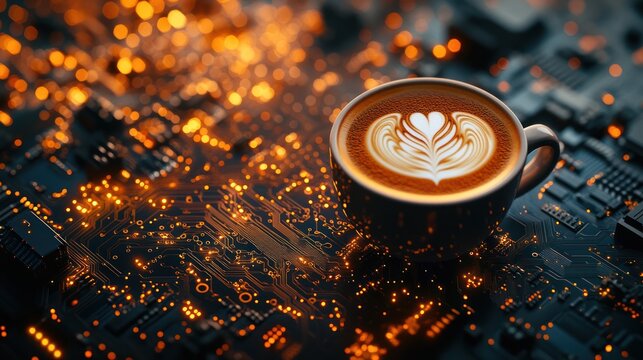 Coffee cup with latte art atop glowing circuit board, technology background, digital