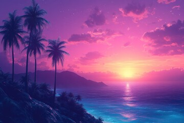 Obraz premium Vibrant purple sunset over a tropical beach with palm trees and distant mountains