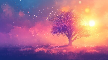 Fototapeta premium A lone tree stands in a field of grass at sunrise, with a hazy sky behind it.