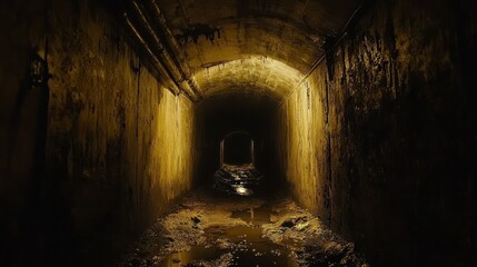 Obraz premium Tunnel shows dark damp underground passage with arched ceiling, muddy floor creating shadowy, eerie perspective.