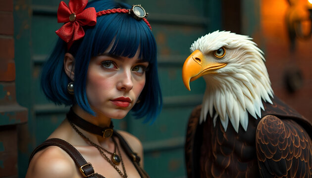 A young woman with dark blue bob hair with a steampunk bow and big eagle next to it all in a post apocalyptic steampunk farwest decor