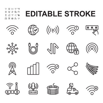 Network and internet icons collection. Thin line style vector, contains icons such as wifi, cellular data, LAN cable.
