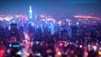 Fototapeta premium A blurry, nighttime view of a city skyline with tall buildings and bright lights.