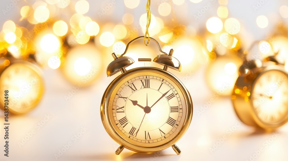 Aufkleber golden alarm clock with string lights and bokeh background