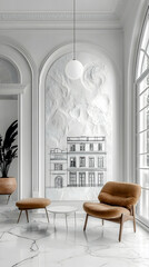 Elegant lounge with a textured wall featuring a sketched building and a brown leather armchair  Marble flooring and mod