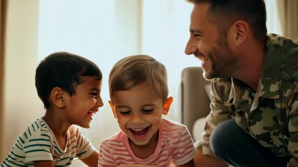 Military father in camouflage uniform playing with two excited young boys indoors. Children's expressions change from surprise to laughter as father interacts lovingly with them in bright room. - Powered by Adobe