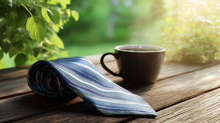A blue striped necktie beside a coffee mug on a wooden table. Celebrating fatherhood with warmth and simplicity.
