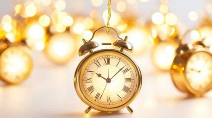 Golden Alarm Clock with String Lights and Bokeh Background